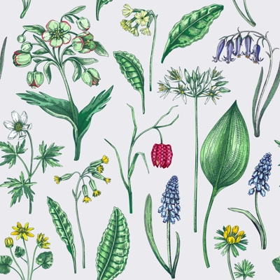 Spring flowers seamless pattern. Wildflowers background. Forest plant, greenery, wild flowers sketches. Hand drawn vector illustration. Not AI-generated